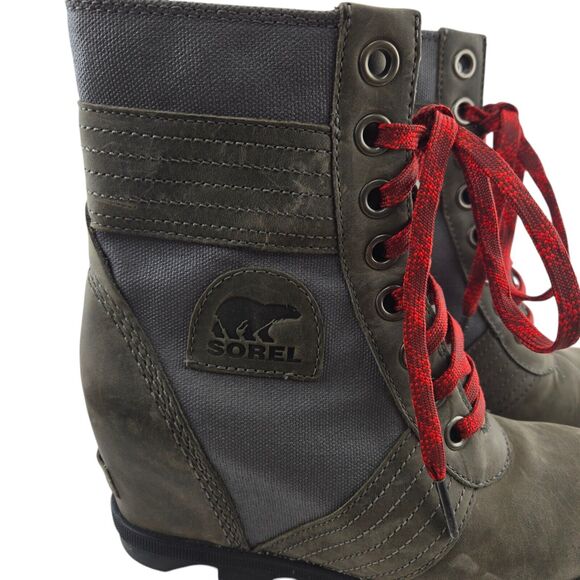Sorel Lexie Wedge Boots Womens 7 Gray Suede And Canvas Red Laces City Trendy - Picture 3 of 11